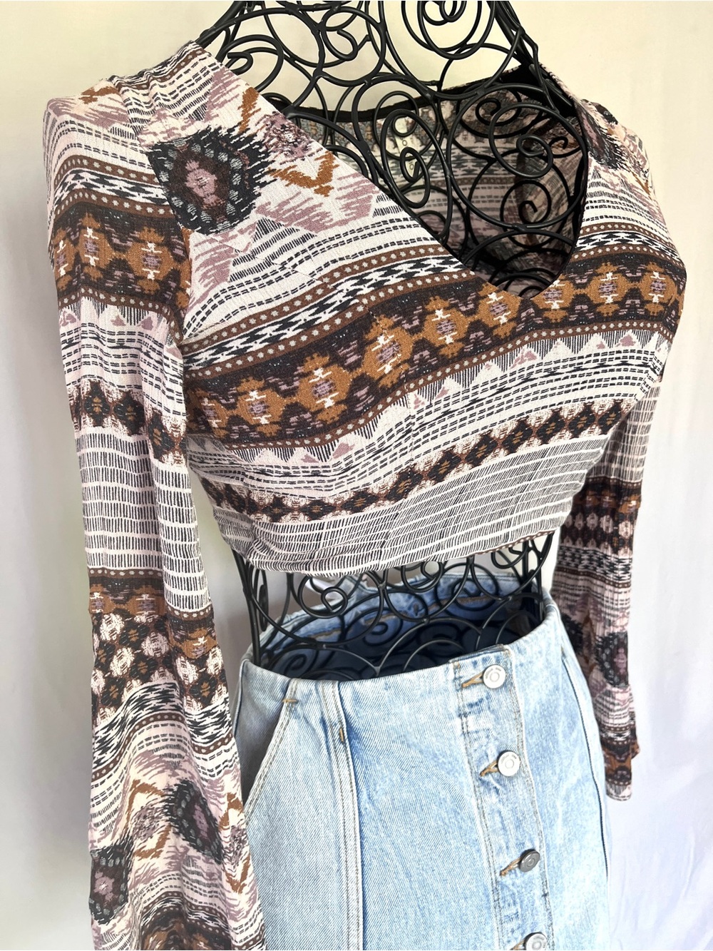 Boho Open Back Tie Crop Top With  Bell Sleeve • Festival Tribal Print • Size S
